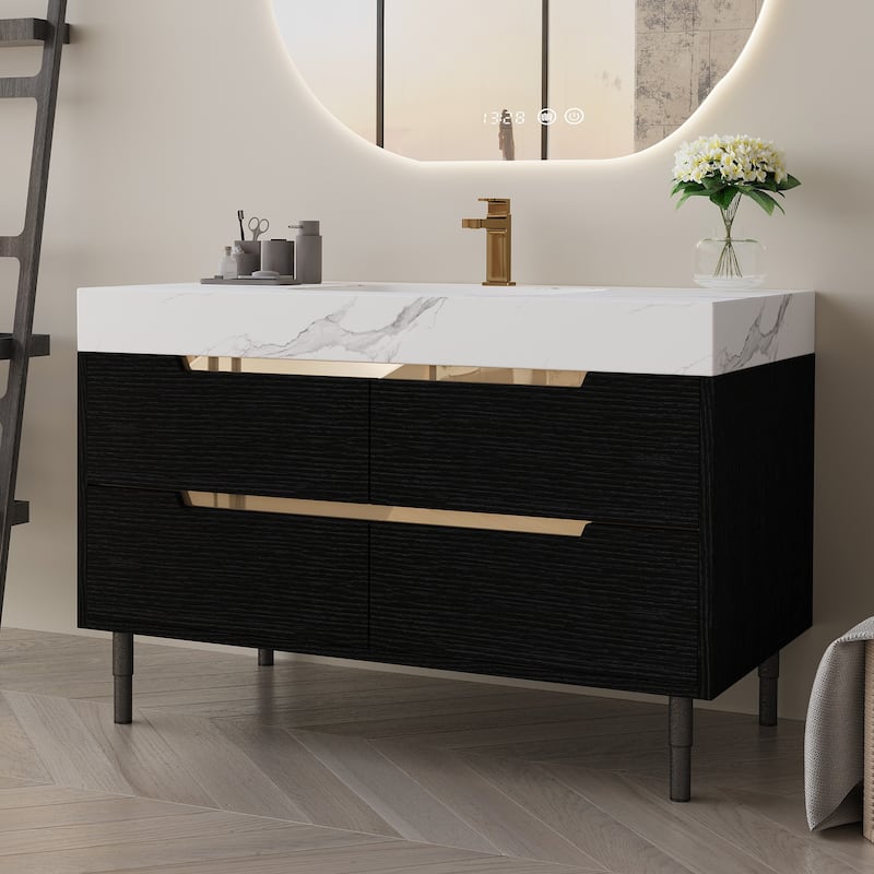 GDFStudio - Luxury 35.4" Versatile Floating/Freestanding Sintered Stone Bathroom Vanity with Ceramic Sink & Soft-Close Drawers - Black,White