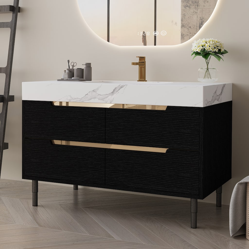 GDFStudio - Luxury 35.4" Versatile Floating/Freestanding Sintered Stone Bathroom Vanity with Ceramic Sink & Soft-Close Drawers