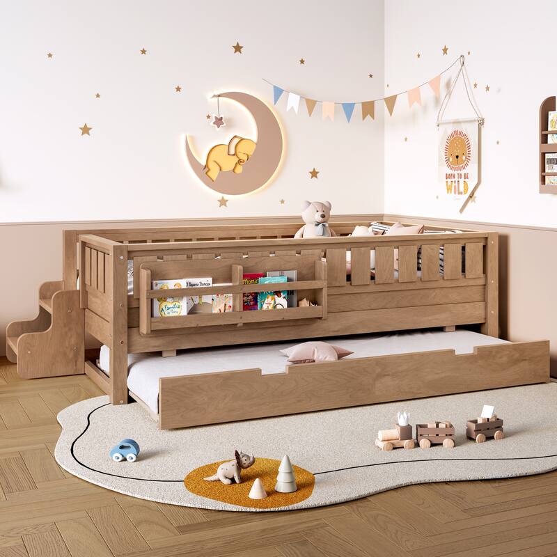 Roomfitters Floor Bed with Bookshelf and Trundle, Low Profile Frame with Step Entry - Natural - Twin