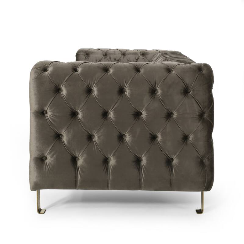 Velvet Button Tufted 3-seater Sofa with Iron Legs