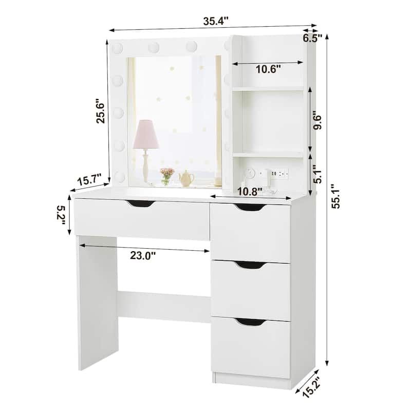White Makeup Vanity Desk with Mirror and Lights - 15.2"D x 35.4"W x 55.1"H
