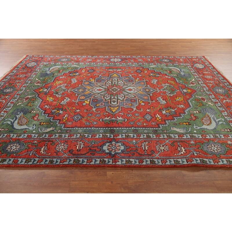 Animals Design Heriz Serapi Indian Area Rug Handmade Wool Carpet - 7'11" x 9'11"