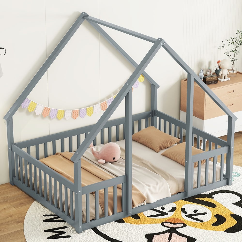 Wood House Bed with House Roof, No Slats Floor Bed with Fence Guardrails, House-shaped Bed Frame for Kids Toddler Boys Girls