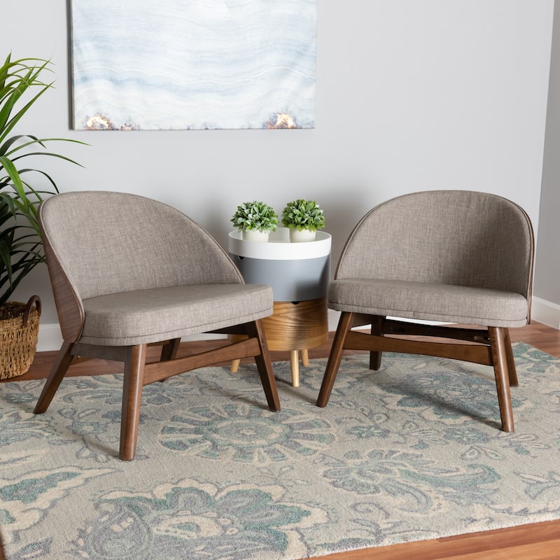 Lovella Mid-Century Modern Grey Fabric and Walnut Brown Finished Wood 2-Piece Accent Chair Set