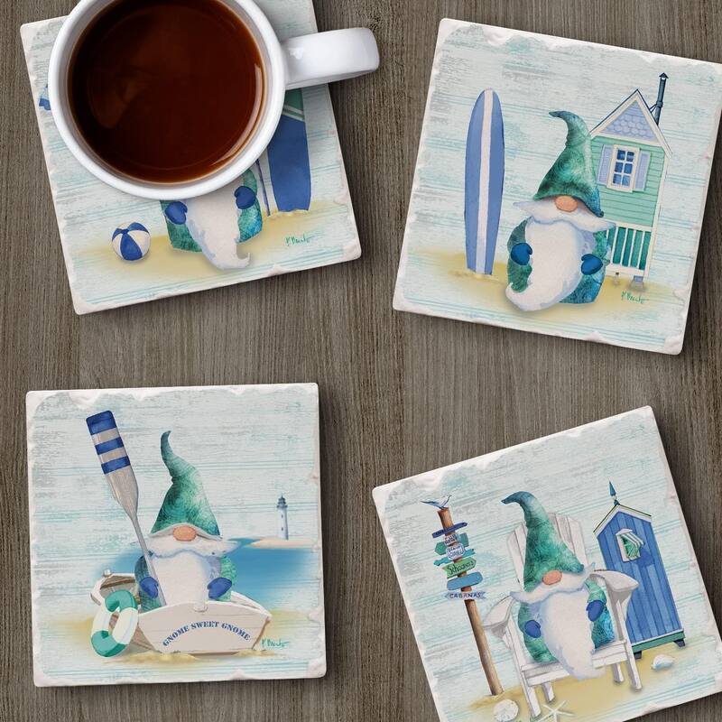 Coastal Gnomes 4 Pack Absorbent Stone Tumbled Tile Coasters with Protective Cork Backing 4" Square Manufactured in The USA