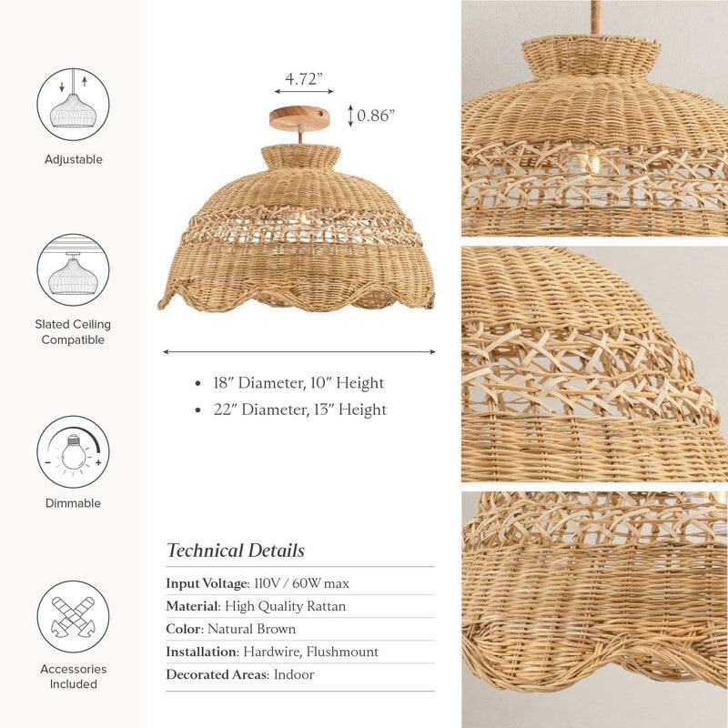 Le Perle Rattan Flush Mount Rattan Natural Handwoven Ceiling Light for Bedroom or Hallway in Farmhouse, Boho, Country Style