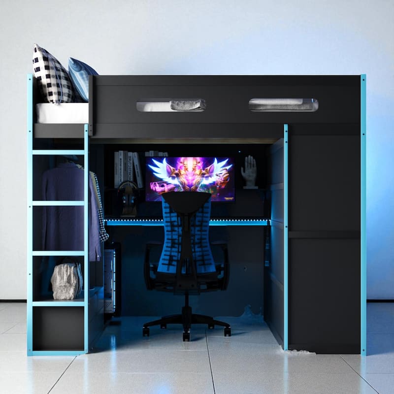 Full Size Loft Bed with Desk, RGB LED Lights, Wardrobes, Drawers and USB Charging Port for Teens and Gamers - Blue - Full