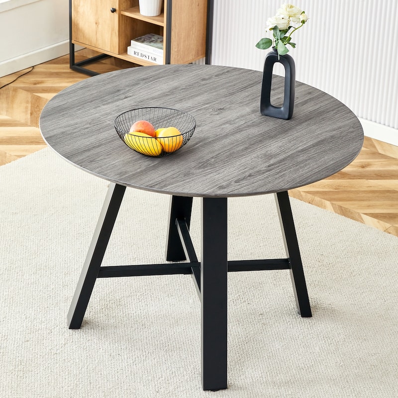 Modern Minimalist Round Dining Table And Coffee Table,42 Inch Diameter Mdf Table Top,Deep Wood Grain Table Top,Black Metal Legs - Black,Gray