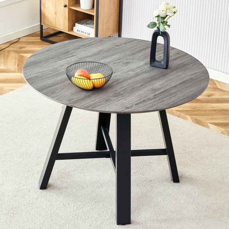 Round Dining Table And Coffee Table. 42 Inch Diameter Mdf Table Top, Deep Wood Grain Table Top,Black Metal Legs - Black,Gray