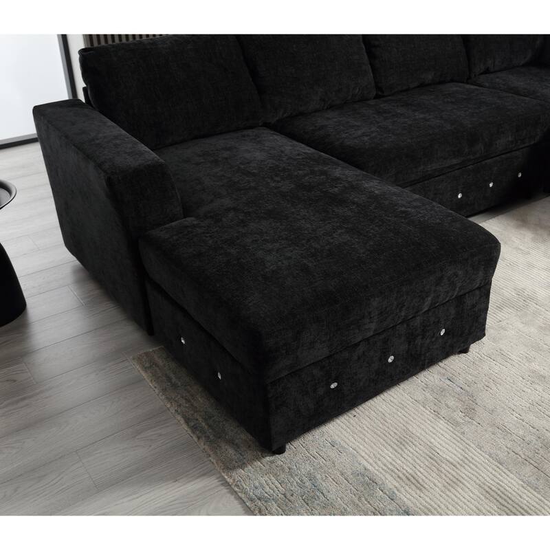 110.75" Chenille U-Shaped Modular Sectional Sofa with Chaise Storage, Crystal Buttons, and Pocket Spring Support