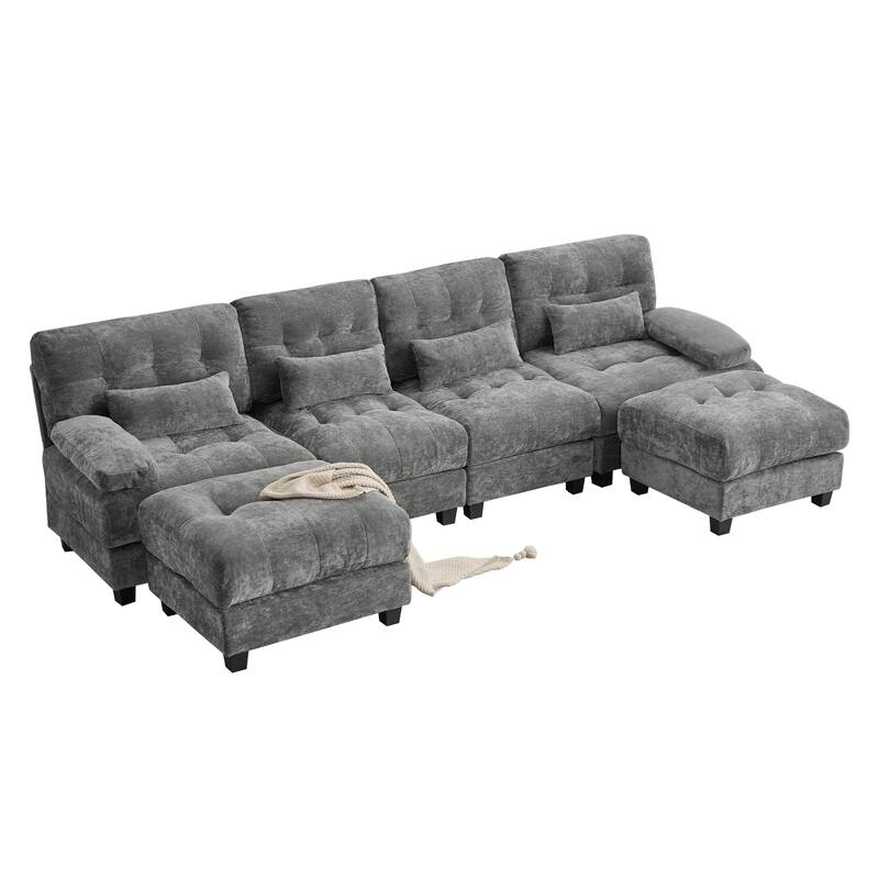 GDFStudio - 4-Seater Adjustable Backrest 119" Chenille Sofa with 2 Ottomans and 4 Throw Pillows