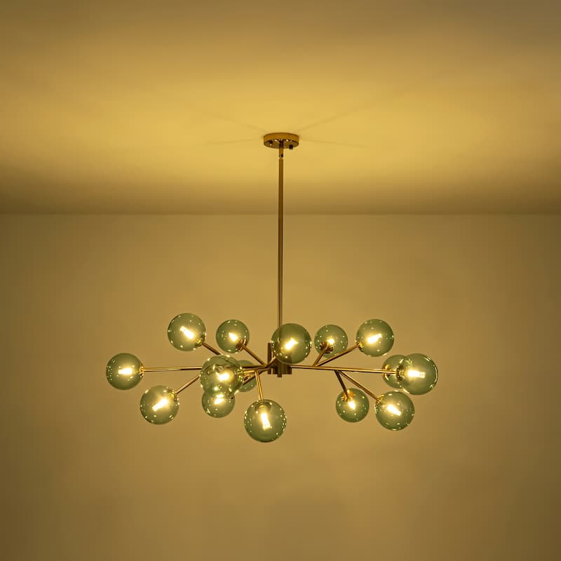 15-Light Modern Glam Linear Sputnik Green Glass Globe Bubble Chandelier for Living Room