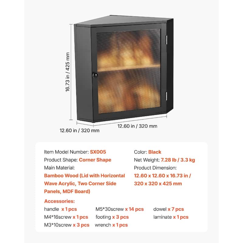 Black Wicker Wood Corner Bread Box with Double Layer Adjustable Shelves and Acrylic Door - 12.60” x 12.60” x 16.73”