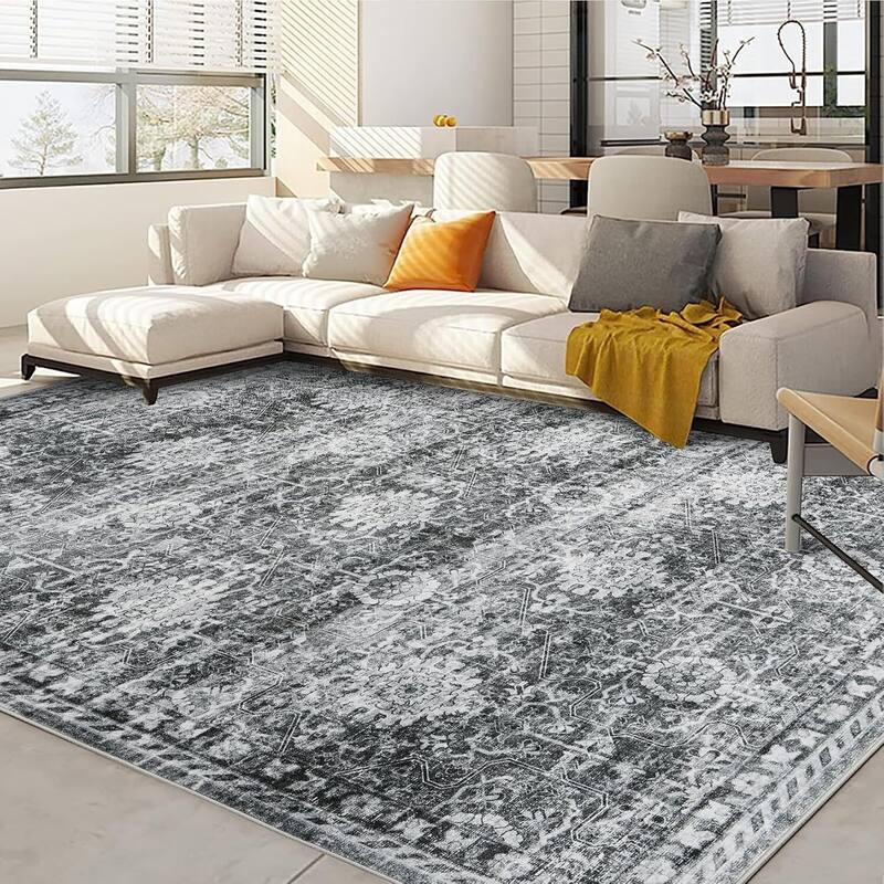 Vintage Boho Washbale Floor Cover Area Rug for Bedroom, Living Room, Black + Grey - 1'6" x 2'6" - Black 9' x 12'