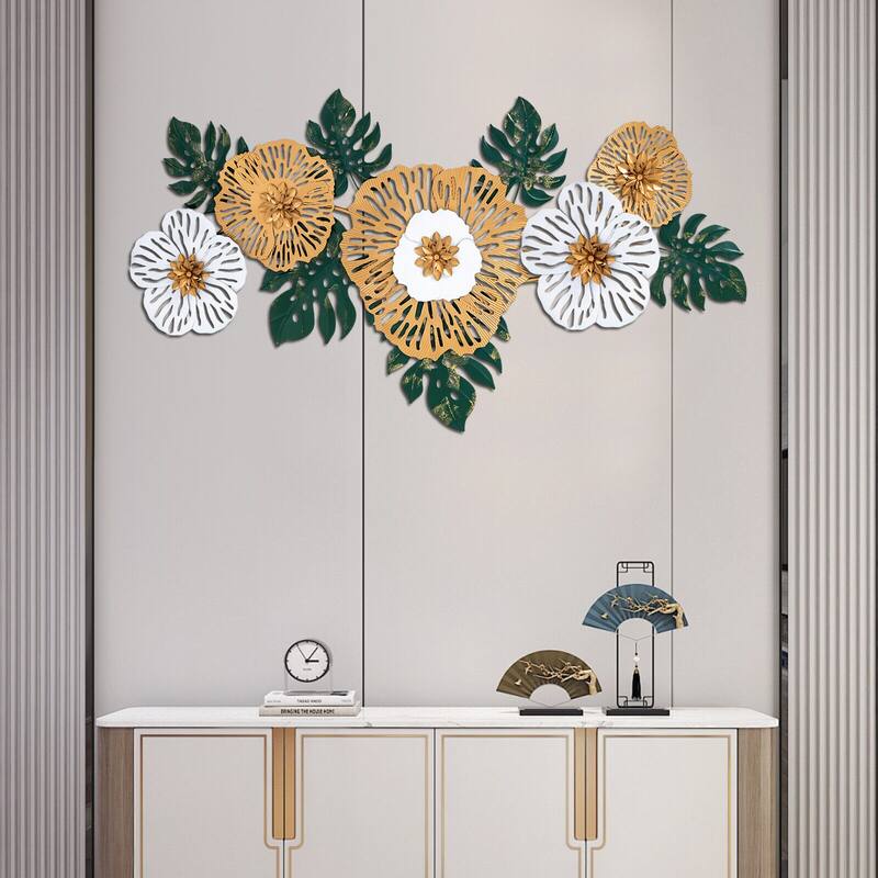 Flower-shaped Wall Decoration 3D Wall Decoration - Green+Gold+White