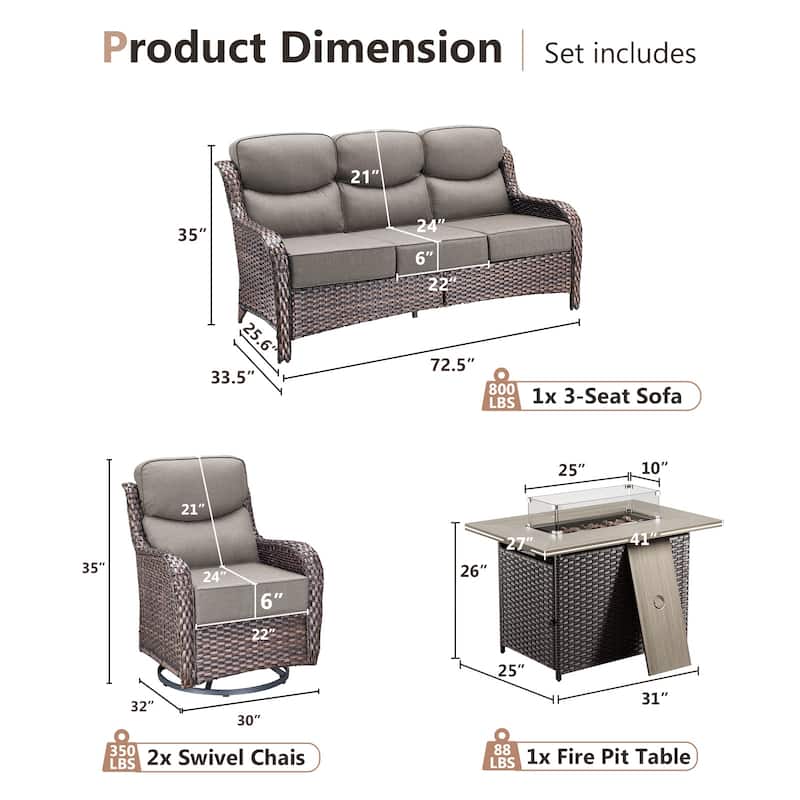 Pocassy Outdoor 6 Inch Sofa Chair Ottoman with Fire Pit Table Set