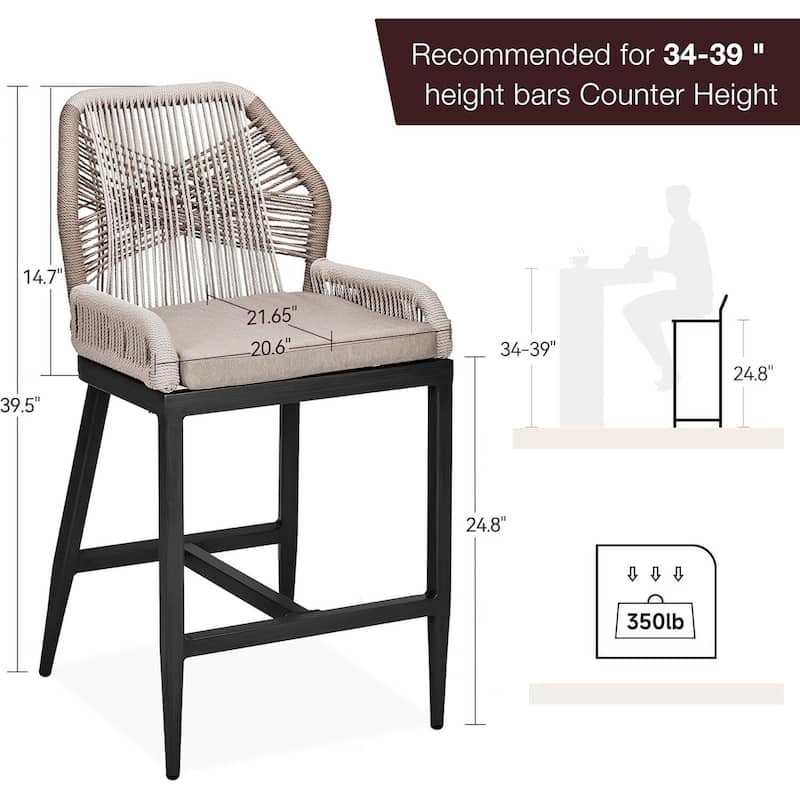 Bohemia Rattan Patio Counter Height Bar Stools Set of 2 Indoor Outdoor Use