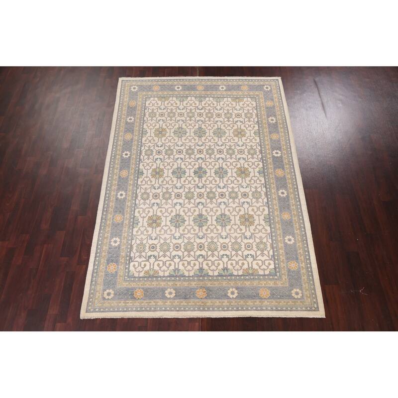 Vegetable Dye Geometric Khotan Oriental Area Rug Handmade Wool Carpet - 6'8" x 9'8"