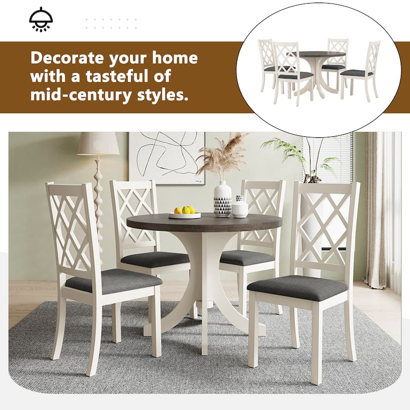 5-Piece Wooden Dining Table Set with Round Table & 4 Upholstered Chairs