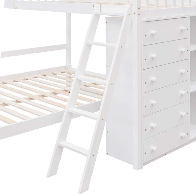 Twin Over Full Bunk Bed with 6 Drawers, Flexible Shelves and GuardRail
