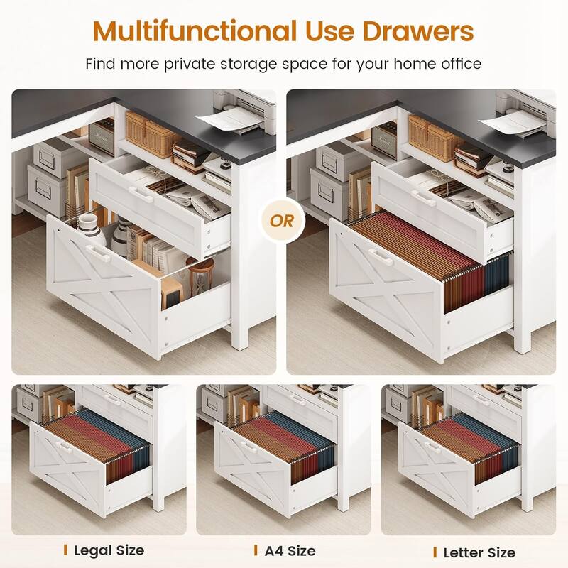 L Shaped Desk 55" Home Office Desk Drawers Storage Shelves