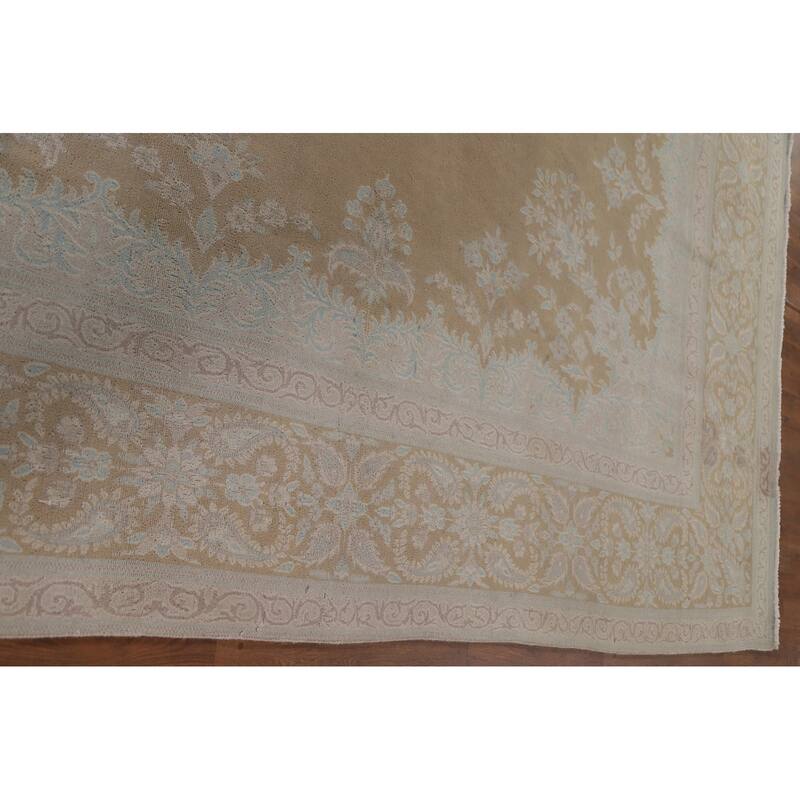 Hand Knotted Oriental 100% Wool Carpet Traditional Floral Yellow & Gold Kerman Area Rug - 12' 8'' X 9' 7''