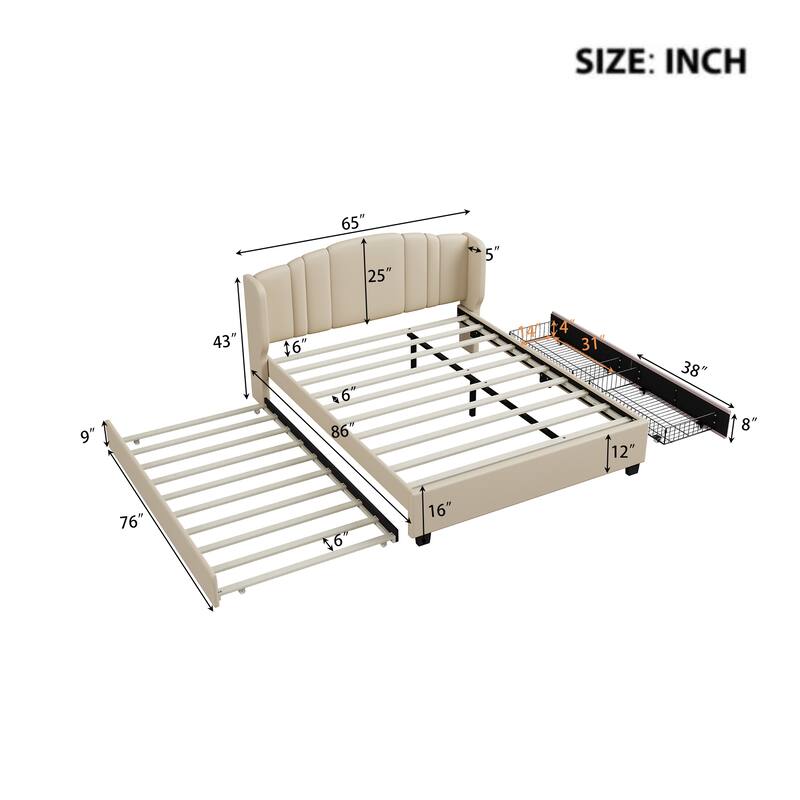 Contemporary Linen Upholstered Platform Bed, Queen Size, Includes Trundle Bed and Drawers, Wingback Headboard