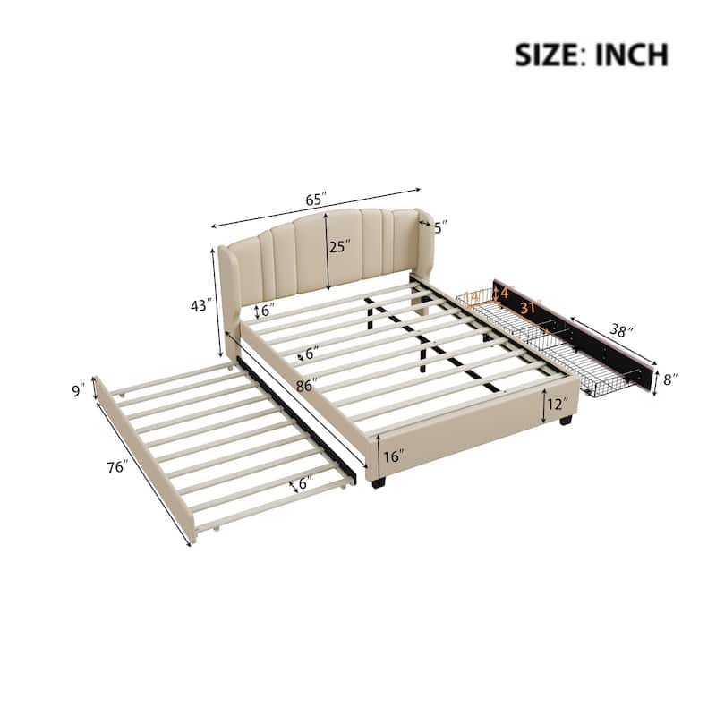 Upholstered Platform Bed w/ Wingback Headboard, 1 Twin Trundle & 2 Drawers, Linen Fabric, Queen Size, Beige