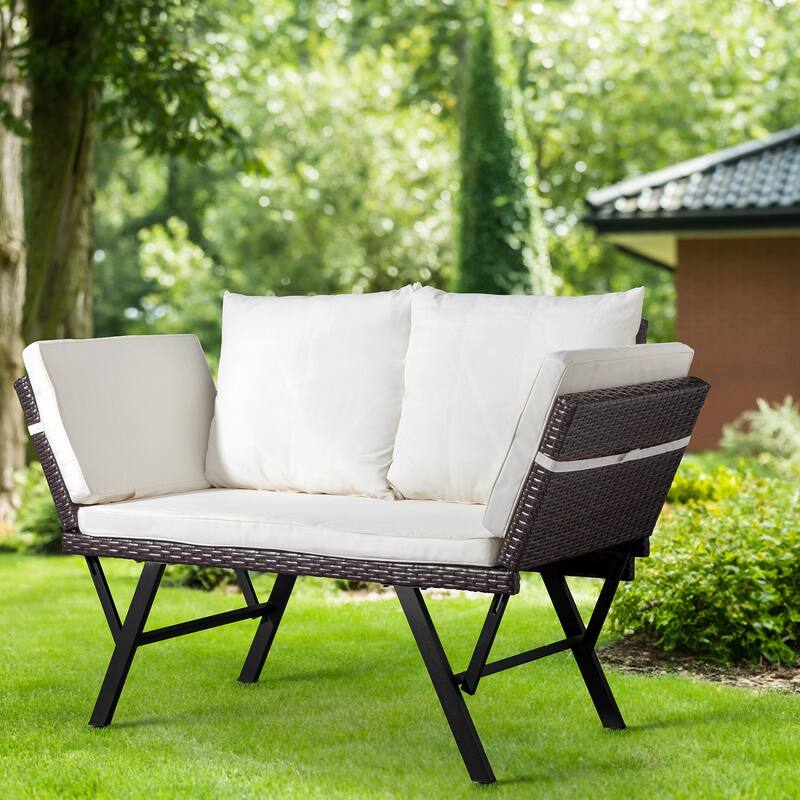 Convertible Patio Sofa with Cushions and Adjustable Armrests - 70.3" x 23.4" x 32.8"