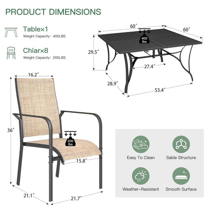 5/7/9-Piece Outdoor Patio Dining Set with Stackable Textilene Chairs and Slatted Table, Furniture with Adjustable Umbrella Hole