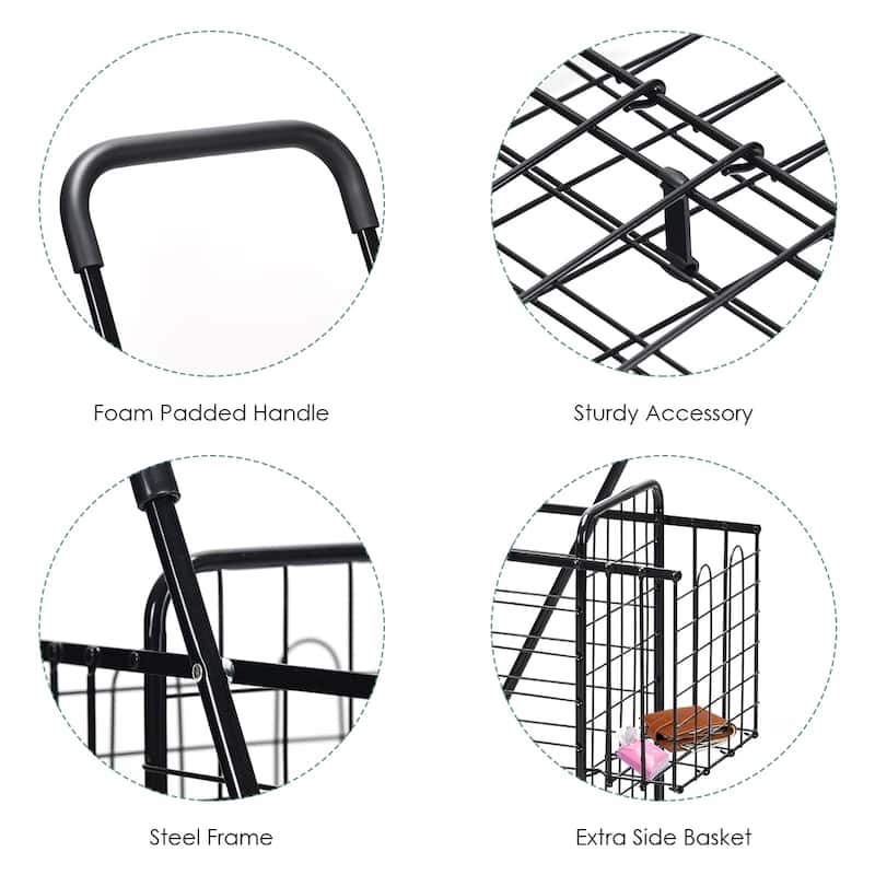 Lightweight Folding Shopping Cart with Double Basket and Adjustable Handle on Wheels - 17" x 19" x 35"/37.5" (L x W x H)