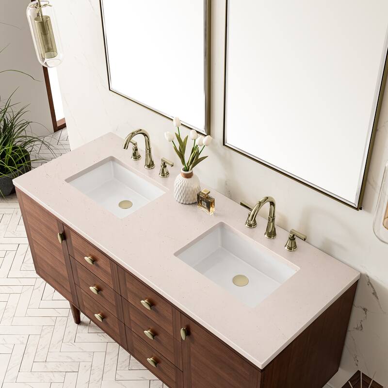 James Martin Vanities Amberly 60" Double Vanity, Mid-Century Walnut - Eternal Marfil Quartz