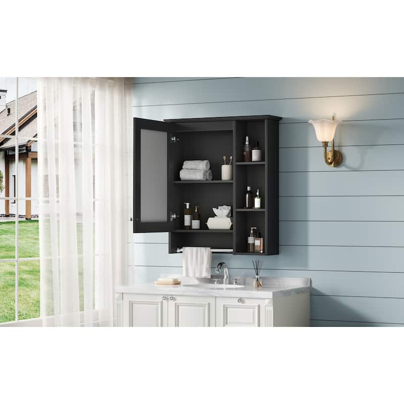 3-in-1 Bathroom Mirror Cabinet, 24-inch Wall Mounted Medicine Cabinet with Adjustable Shelf & Tower Bar