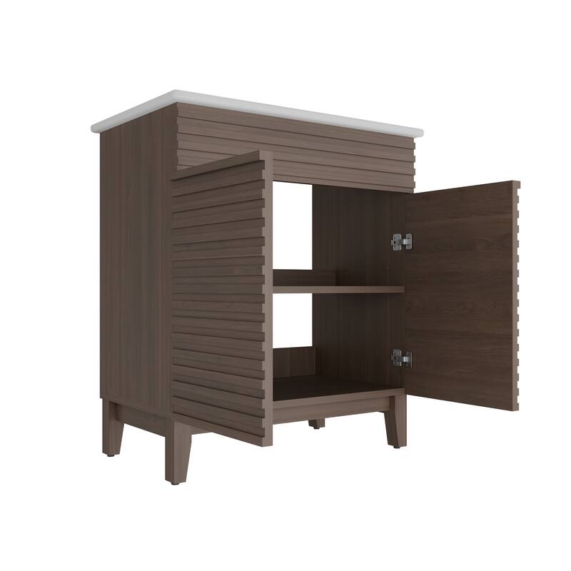 30-inch Brown Bathroom Vanity with Louvered Doors and Sink Combo