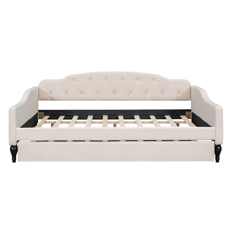 Beige Multifunctional Design Full Size Upholstered Tufted Daybed with Twin Size Trundle for Bedroom