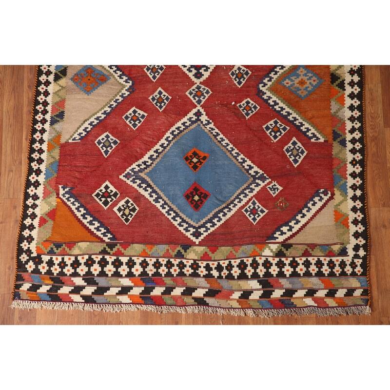 Orange Kilim Qashqai Persian Vintage Area Rug Hand-Woven Wool Carpet - 4'8" x 8'8"
