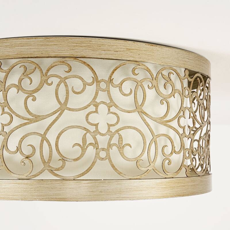 2-Light Mid-Century Modern Unqiue Handcrafted Sunset Gold Flush Mount Light with White Fabric Shade for Living Room & Bedroom