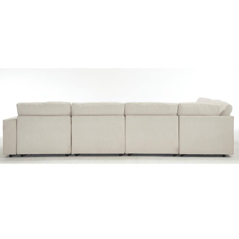 141.5" Linen Modular L-Shaped Sectional Sofa with Wireless Charging, Cup Holders & Book Storage, 5-Seat Configurable