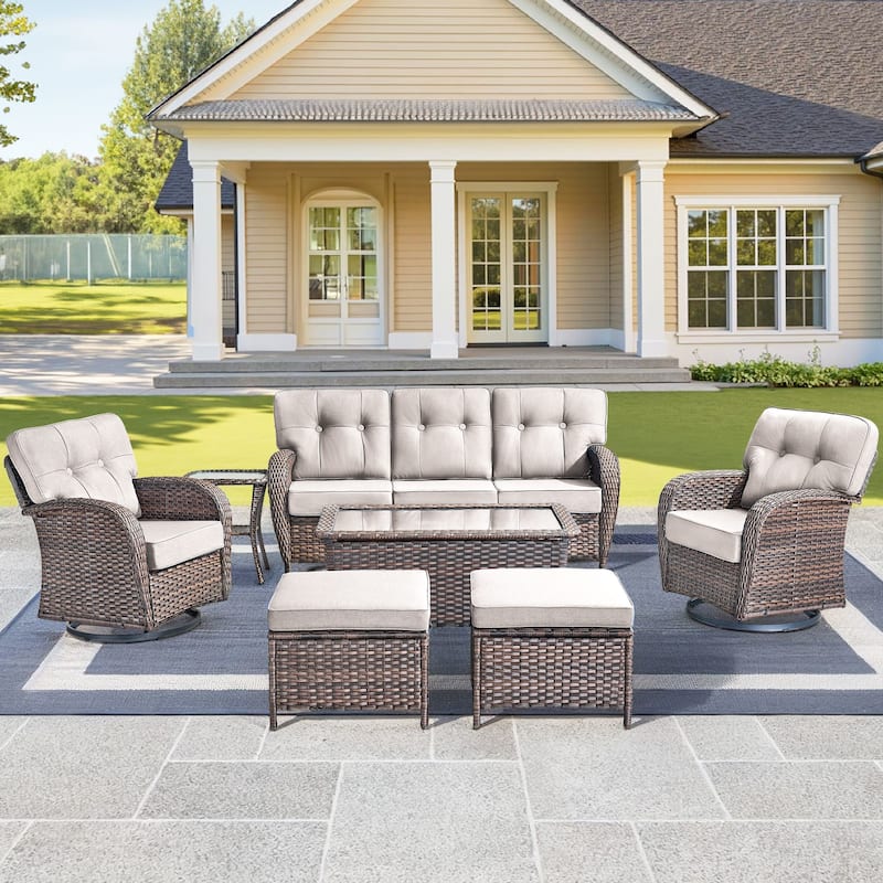 7 Pieces Pocassy Sofa Ottoman with Swivel Chairs - Brown Wicker & Beige Cushion