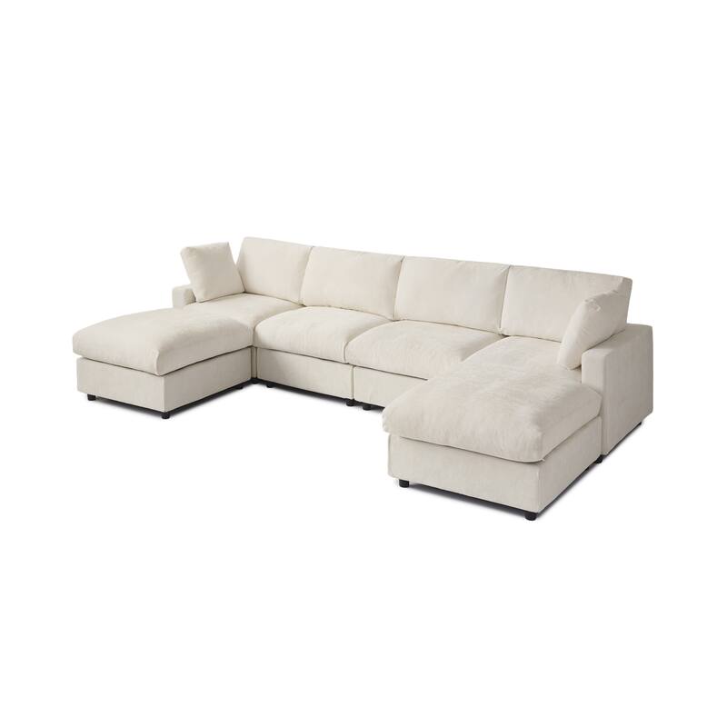 Minimalist U-shaped Upholstered Sofa 4-Seater Chenille Modular Sectional Couch with 2 Ottoman