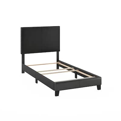 King Bed Frame Upholstered Black PU Leather Platform Bed Modern Glam Style