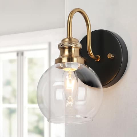 Modern Black Gold 1-Light Wall Sconces with Clear Globe Glass Shade - L 5'' x W 7" x H 9"