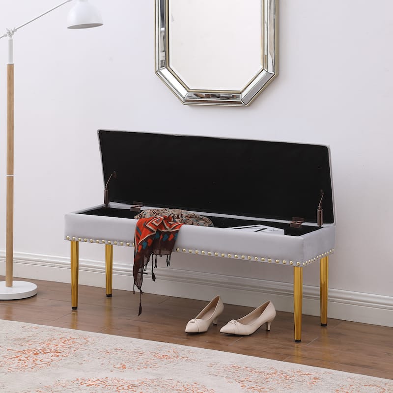 Large Storage Benches Set, Nailhead Trim 2 in 1 Combination Benches, Tufted Velvet Benches with Gold Leg, Support 250lbs
