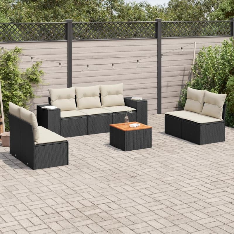 vidaXL Patio Sofa Set with Cushions Outdoor Furniture 8 Piece Poly Rattan - 21.7 x 21.7 x 14.6 - Black and cream Modular