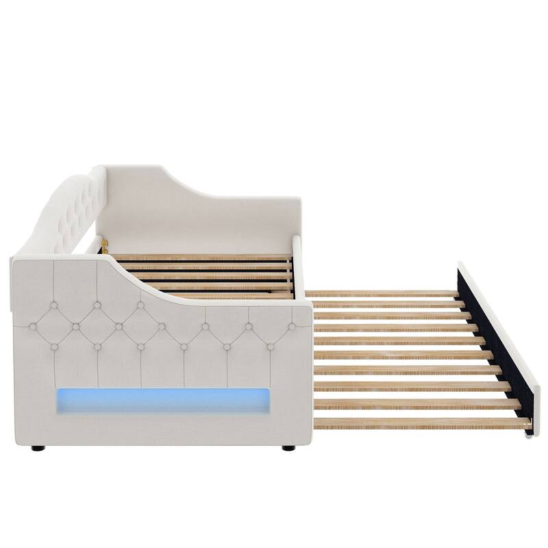 Twin XL Linen Upholstered Daybed with Color-Changing LED Lights and Space-Saving Trundle, Sturdy Frame