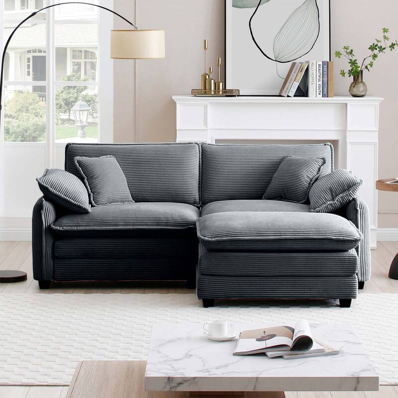 3-piece Corduroy Upholstered L-Shaped Modular Sectional Sofa with Removable Ottoman, 4 Pillows, and Free Combination