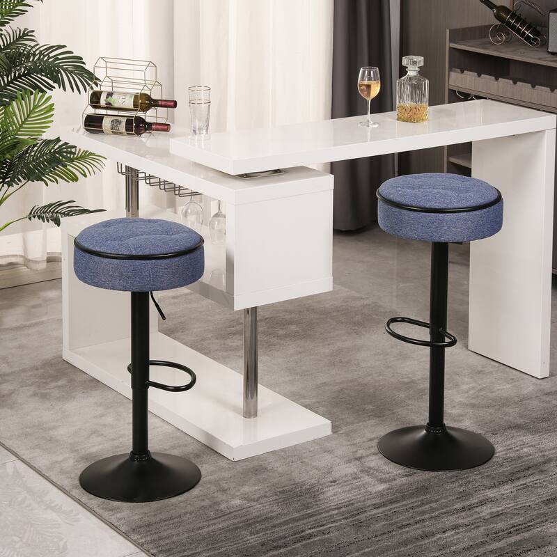 Round Storage Bar Stool Set of 2, Linen Height Adjustable Barstool, 360°Counter Height Swivel Stool