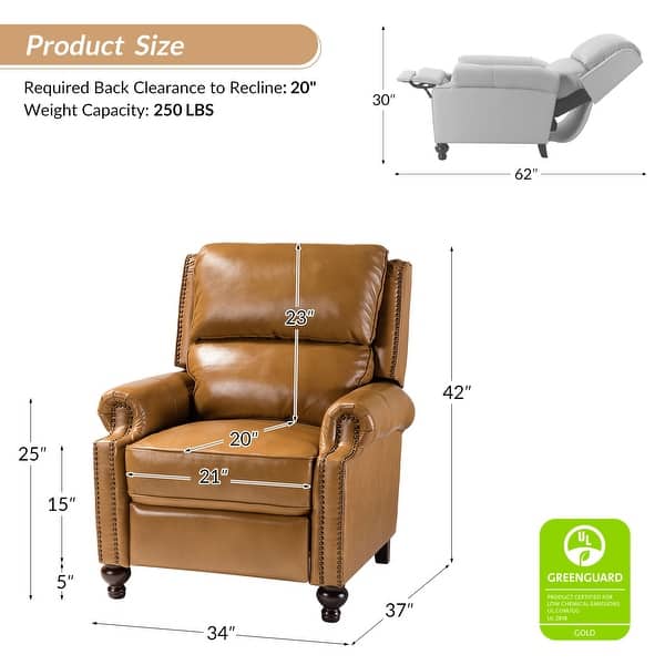 dimension image slide 5 of 10, HULALA HOME Gabriela Mid-Century Modern Genuine Leather Recliner with Tapered Block Solid Wood Feet