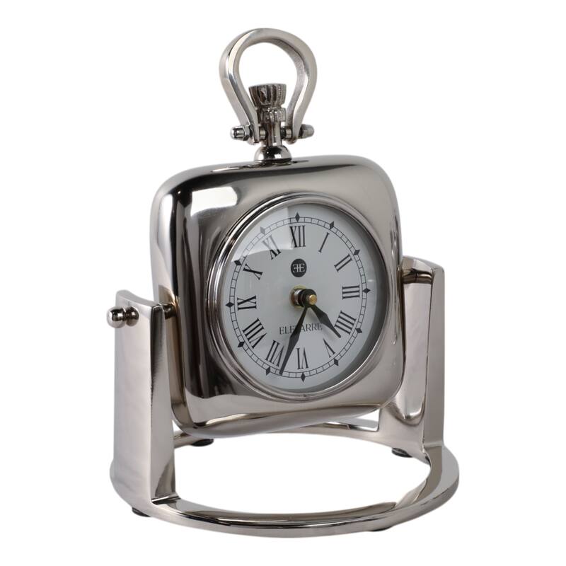 Metal Glass Desk Clock with Roman Numerals and Curved Frame Design - 7" x 7" x 9"