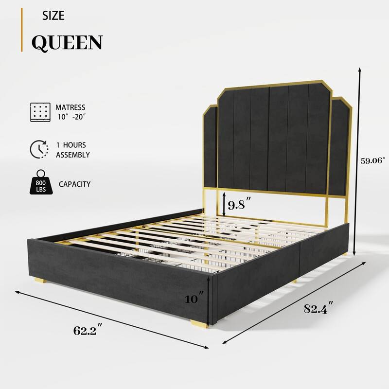 Queen Size Bed Frame with Tall Headboard, Upholstered Platform Bed w/ Golden Plating Trim & Slats Support, No Box Spring Needed